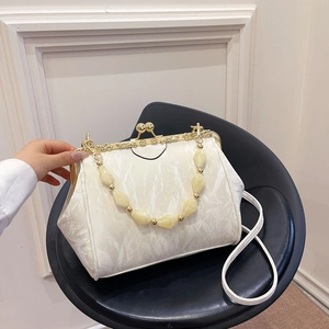 Elegant white beaded handbag with marble texture and gold metal frame closure