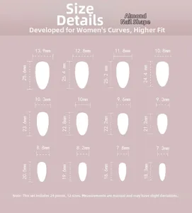 Tableau des tailles pour faux ongles amande blanc nacré avec 12 dimensions précises