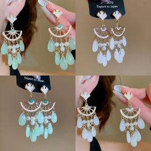 Vintage Ginkgo Leaf Fan Dangle Earrings With 925 Sterling Silver Earring Post Faux Artificial Pearl Rhinestone Glass Waterdrop Tassel