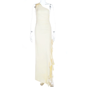Detail of cream yellow one-shoulder maxi dress featuring side ruffle drapes and slit