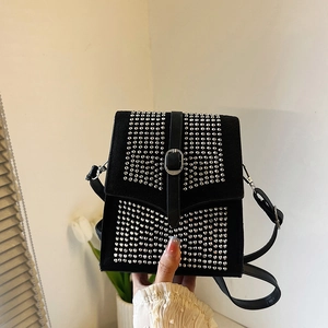Damen Strass PU Leder Umhängetasche Mini Vertikale Quadratische Handytasche Casual Vielseitig Schultertasche Mit Magnetverschluss