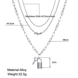 Detailed size specifications for silver-layered necklace with Angel charm and lock pendant