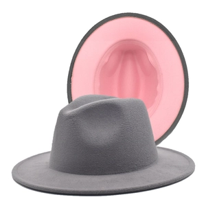 Two-tone wool fedora hat in grey and pink with wide brim and jazz style design