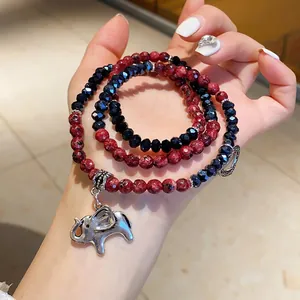 Multi Layer Beaded Bracelet With Elephant And Heart Alloy Charms Rhodonite Style Glass Beads Ethnic Bohemian Vintage For Women