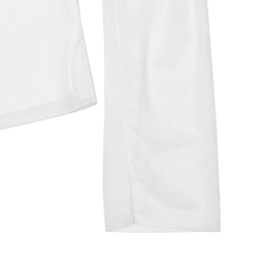 Close-up of white breathable mesh fabric showing detailed texture and stitching quality