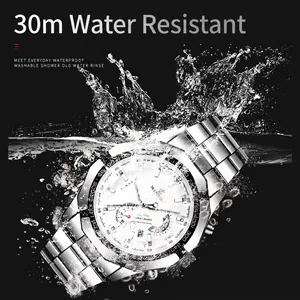 Men's silver chronograph watch with octagonal bezel and 30M waterproof water splash effect