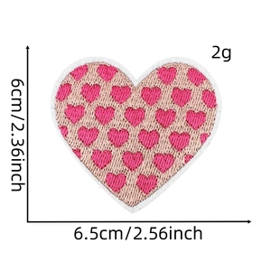 Pink heart embroidery patch dimensions 6.5cm x 6cm showing size and weight details