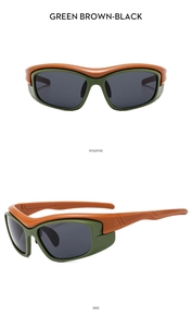 Detail view of Y2K sports sunglasses with green and brown frames from front and side