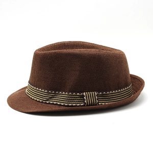 Chapeau Fedora en paille marron café avec ruban rayé élégant et texture tissée fine