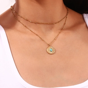 Layered 18K gold-plated stainless steel necklace with turquoise pendant for women