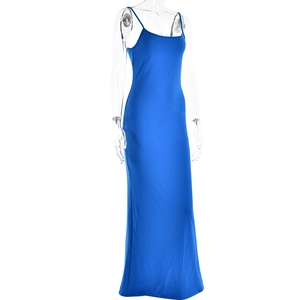 Close-up of sleek blue slim-fit maxi dress with delicate spaghetti straps and premium texture