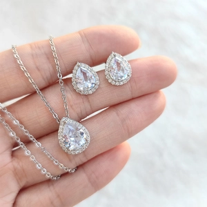 Teardrop Pendant Necklace And Earrings For Women Copper Cubic Zirconia Halo Wedding Bridal Party Jewelry Accessories Elegant