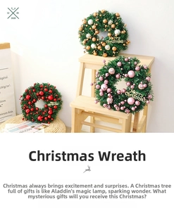Detail of handcrafted Christmas wreaths with red, gold, and pink festive ornaments