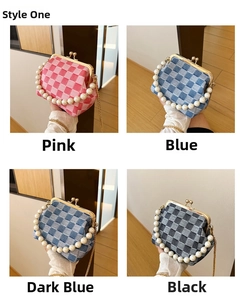 Detail of four vintage plaid clasp bags with pearl handles and gold chain straps