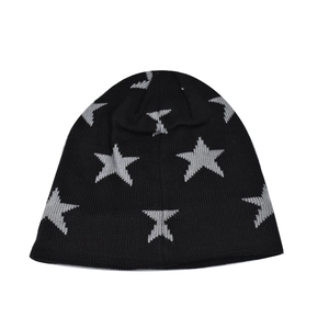 Winter knitted beanie for parents and kids with grey star embroidery in black acrylic fabric