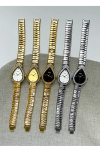 Detailed view of five teardrop-shaped luxury watches with diamond bezels and wave bands