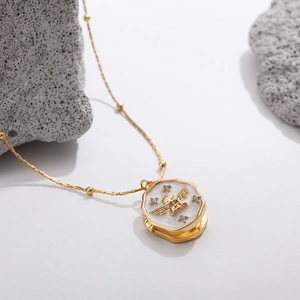 18K gold-plated stainless steel locket necklace with hexagon angel pendant on pearl chain