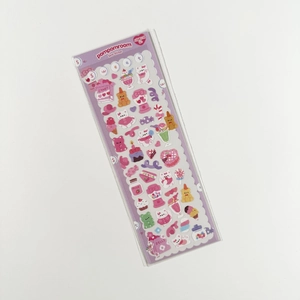 Detail of holographic pompomroom stickers featuring pink purple cartoon bears and cats