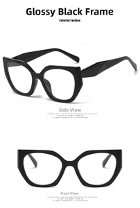 Macro view of glossy black geometric cat-eye frame glasses showing front and side details