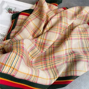 Plaid cotton linen scarf in beige with red and green patterns, soft large shawl for women
