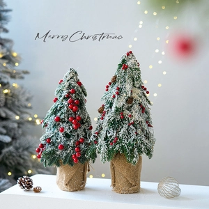 Mini Christmas Tree Tabletop Decor Artificial Flocked Cedar With Red Berries Pinecones And Burlap Base Winter Festive Ornament