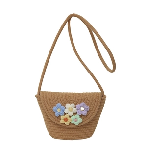 Children's straw crossbody bucket bag with colorful handmade crochet flowers