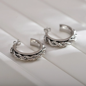 Polished silver stainless steel hoop earrings with twisted rope design for women