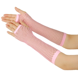 Detail of pink fishnet fingerless arm warmers showing stretchable nylon mesh texture