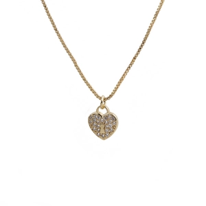 Golden box chain necklace with a diamond-encrusted 3D heart lock pendant on white background