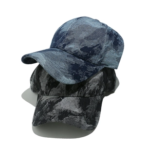 Adjustable washed denim baseball caps in blue and grey camouflage patterns on white background