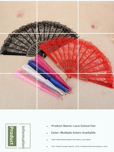 Macro detail of lace folding fans with gold-stamped plastic ribs and floral lace fabric
