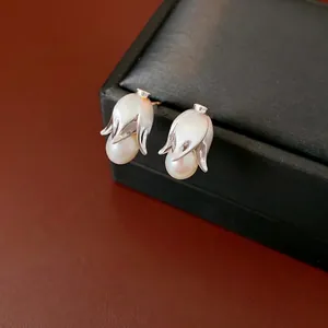 French vintage tulip flower earrings with matte silver petals and white drop pearl