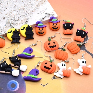 Cartoon Halloween Earrings Resin Pumpkin Ghost Black Cat Witch Hat Bat Castle Festival Jewelry With Titanium Alloy Earring Post