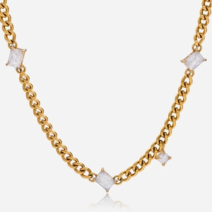 18K Gold Plated Stainless Steel Necklace Rectangular Cubic Zirconia Cuban Chain French Retro Waterproof Hypoallergenic