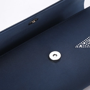 Navy blue evening clutch bag with satin fabric, sparkling rhinestones and magnetic closure