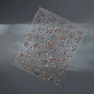 Detail of 3D holographic butterfly nail stickers with colorful laser rainbow effect