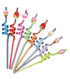 Detailed view of eight colorful spiral straws with various cartoon ice cream toppers