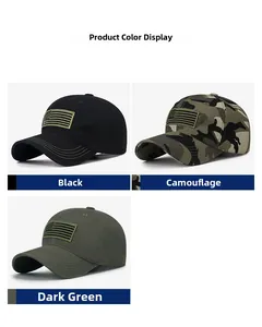 Three-color collage of tactical cotton baseball caps in black, camo, and dark green colors