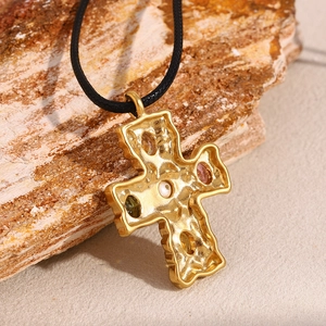 18K gold plated hammered cross pendant necklace with colorful stones on black cord