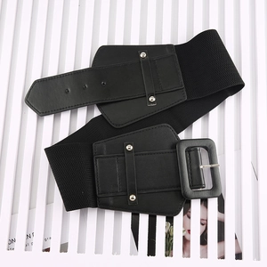 Fashionable black elastic corset belt for women with faux leather square buckle and rivets