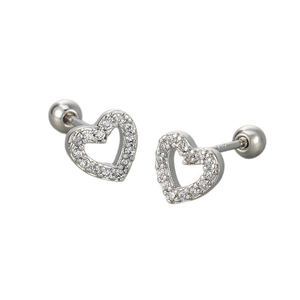 Sparkling S925 silver heart stud earrings with full diamond pavé and screw-back closure
