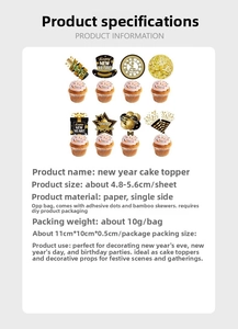 Detail view of 8-piece 2026 New Year cake toppers set in black and gold with assembly tools