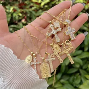 Religiöse Kreuz Medaillon Anhänger Halskette Gold Vergoldetes Kupfer Mit Zirkonia Luxus Retro Schmuck Für Damen