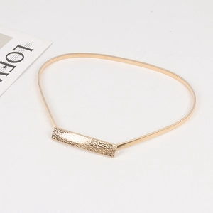 Detailed macro view of the gold elastic metal waist belt with a textured buckle design