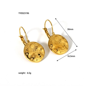 Detail view of 18K gold plated sun and moon embossed round drop earrings with dimensions