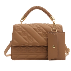 Brown quilted PU leather handbag with braided handle and side coin purse charm