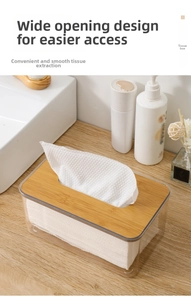 Detail of Nordic transparent tissue box showing wide opening and natural wood lid texture