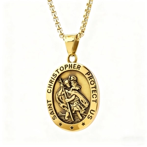 Golden Saint Christopher protection medal pendant necklace with polished relief on white background