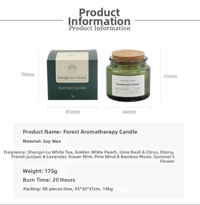 Detail view of 175g soy wax candle in green glass jar with 20h burn time and size labels