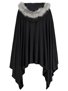 Detail of hood with grey faux fur trim on a black knitted poncho for women